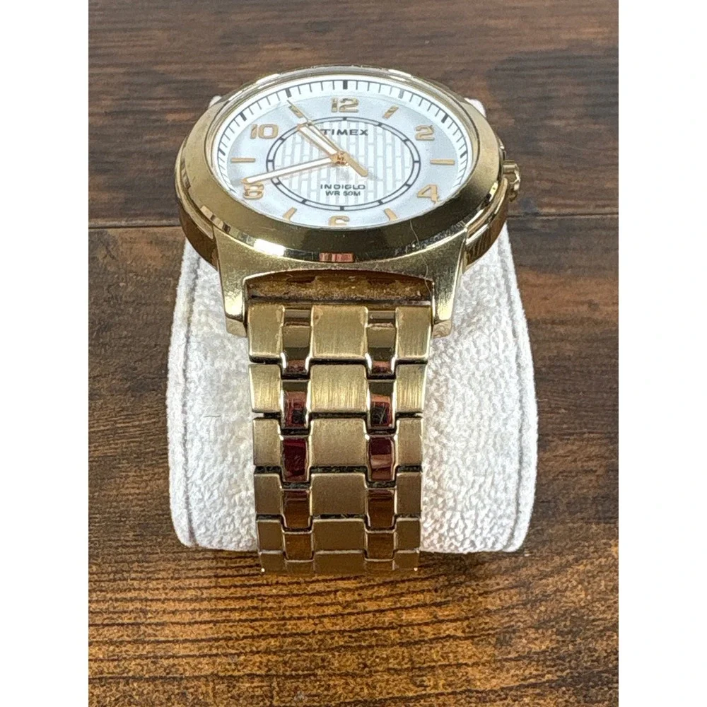 Timex Indiglo WR 50M Gold Tone‎ Stainless Steel Expansion Band Watch White Dial